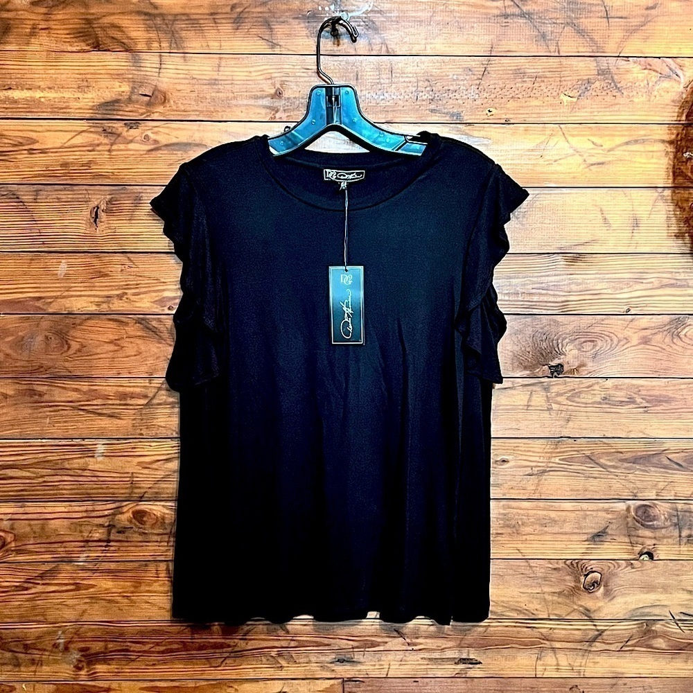 Womens cold shoulder black XS long sleeve ruffle top. DG2 by Diane Gilman. New!